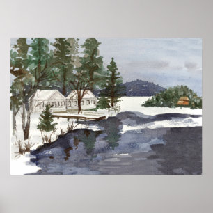 Lakeside Cabins Winter Long Pond Belgrade Maine Poster