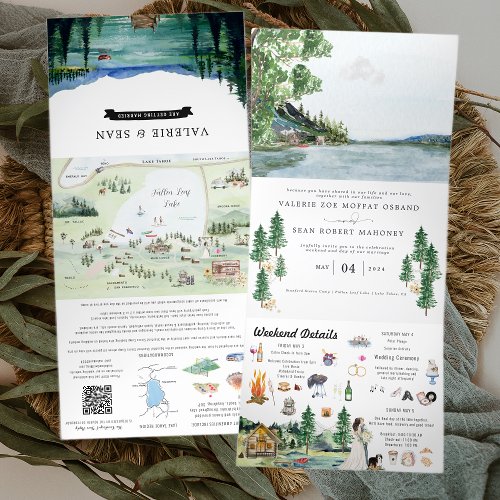 Lakeside Campground Resort  Illustrated Wedding Tri_Fold Invitation