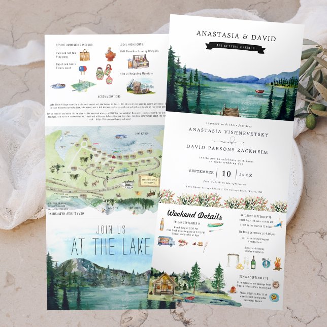 Lakeside Campground Resort | Illustrated Wedding Tri-Fold Invitation (Creator Uploaded)