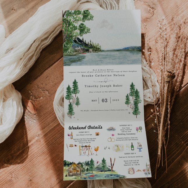 Lakeside Campground Resort | Illustrated Wedding  Tri-Fold Invitation (Creator Uploaded)
