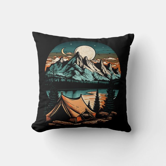 Lakeside Camping Adventure Throw Pillow (Front)