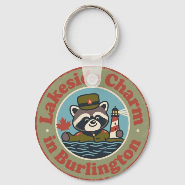 Lakeside Charm in Burlington Funny Raccoon Keychain (Front)