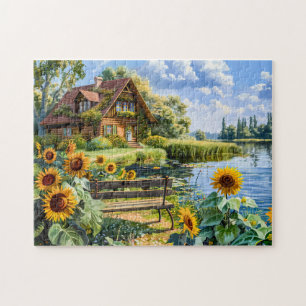 Lakeside Cottage with Sunflower Field Jigsaw Puzzle