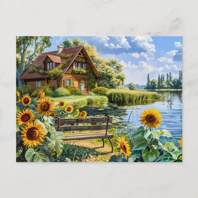 Lakeside Cottage with Sunflower Field Postcard (Front)