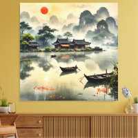 Lakeside Fishing Huts Red Sun Landscape