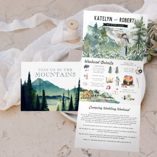 Lakeside Mountain Camping   Illustrated Wedding Tri-Fold Invitation