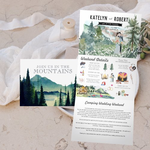 Lakeside Mountain Camping  Illustrated Wedding Tri_Fold Invitation