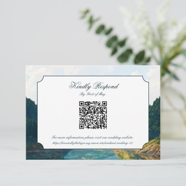 Lakeside Mountain Valley Wedding QR code RSVP Card (Standing Front)
