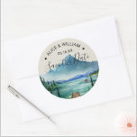 Lakeside Mountain Wedding Save the Date Sticker<br><div class="desc">Why not let nature be the perfect backdrop for your wedding: the lake and the forest, what can be better and more natural than real beauty that wasn’t created by the humans? The details of a mountain lake wedding are the perfect blend of simple elegance and mountain rustic to create...</div>