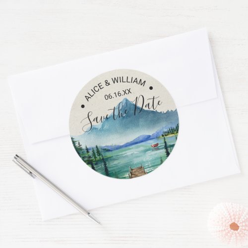 Lakeside Mountain Wedding Save the Date Sticker