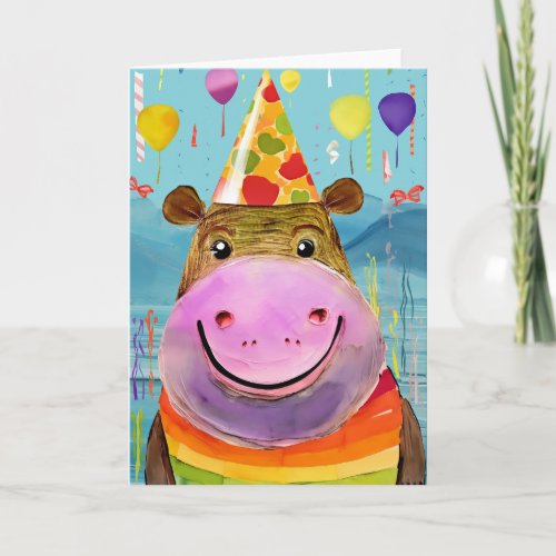 Lakeside Party Hippo Cute Kids Birthday Card