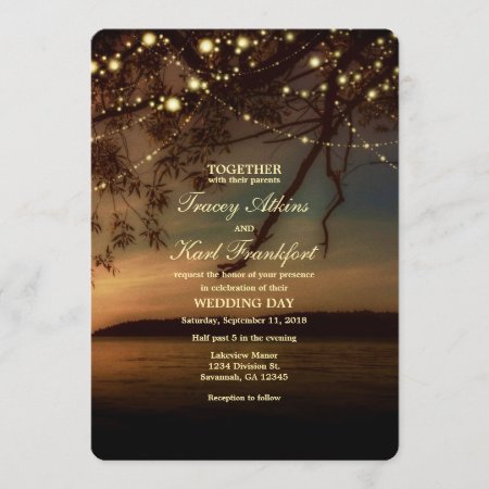 Lakeside Rustic String Lights Wedding Invitation