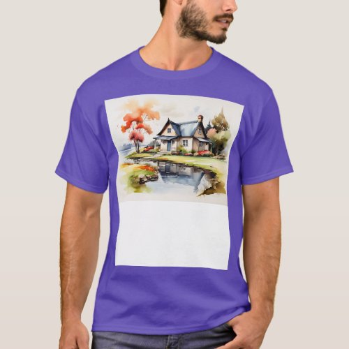 Lakeside Serenity Idyllic Cottage Art Print T_Shirt