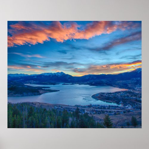 Lakeside Sunset  Orange and Blue Sky Poster