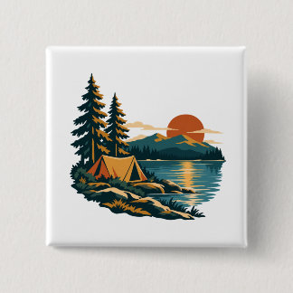 Lakeside Sunset Tent and Pines Camping Button