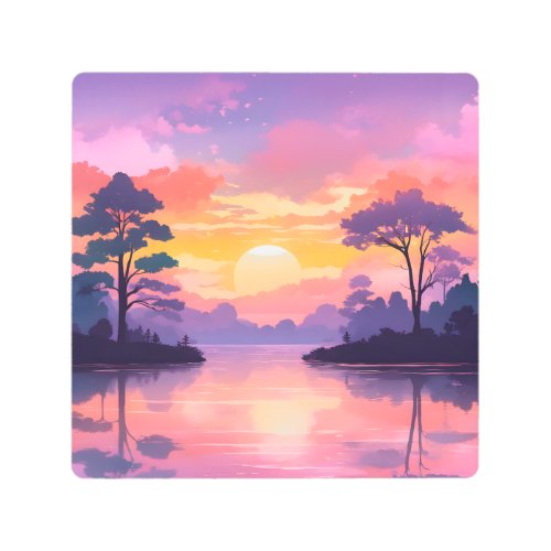 Lakeside Sunset Trees Shadows and Reflecting Skies Metal Print