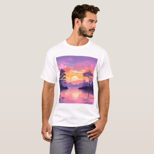 Lakeside Sunset Trees Shadows and Reflecting Skies T_Shirt