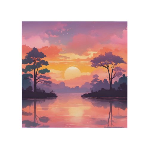 Lakeside Sunset Trees Shadows and Reflecting Skies Wood Wall Art