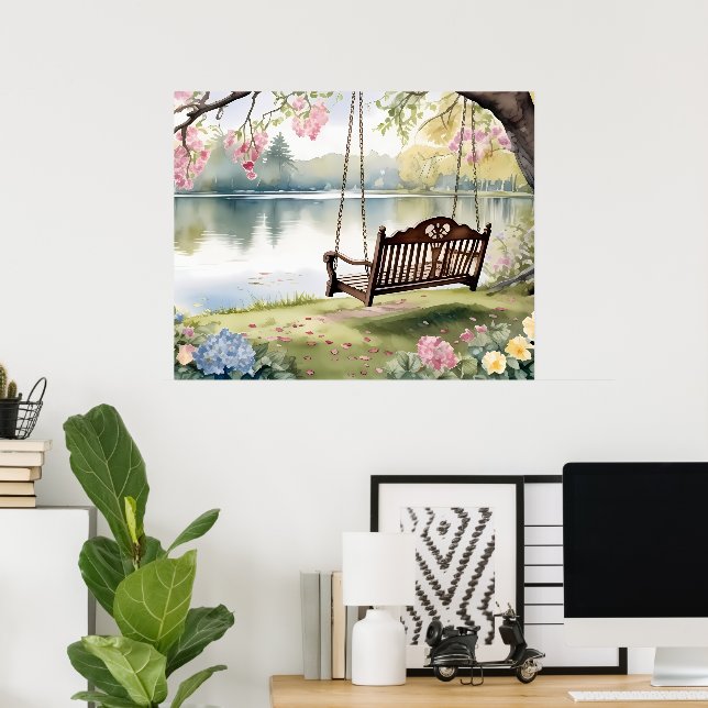 Lakeside Swing in Romantic Watercolor Garden Poster (Home Office)