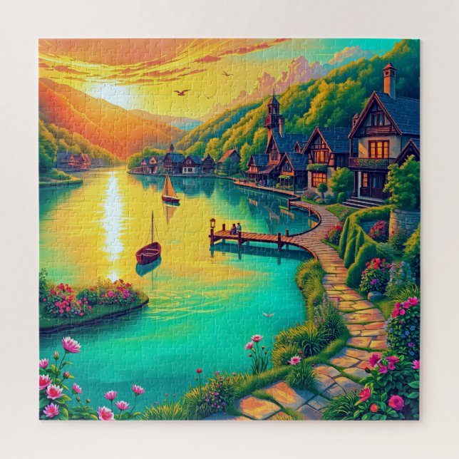 Lakeside Village at Sunset Jigsaw Puzzle (Vertical)