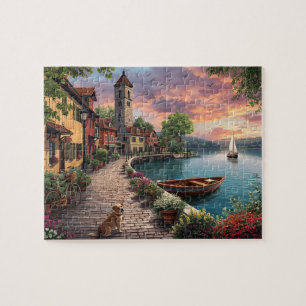 Lakeside Village Sunset Dog Jigsaw Puzzle