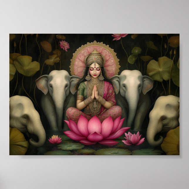 Lakshmi Goddess Art Print: Hindu Lotus Elephants Poster (Front)