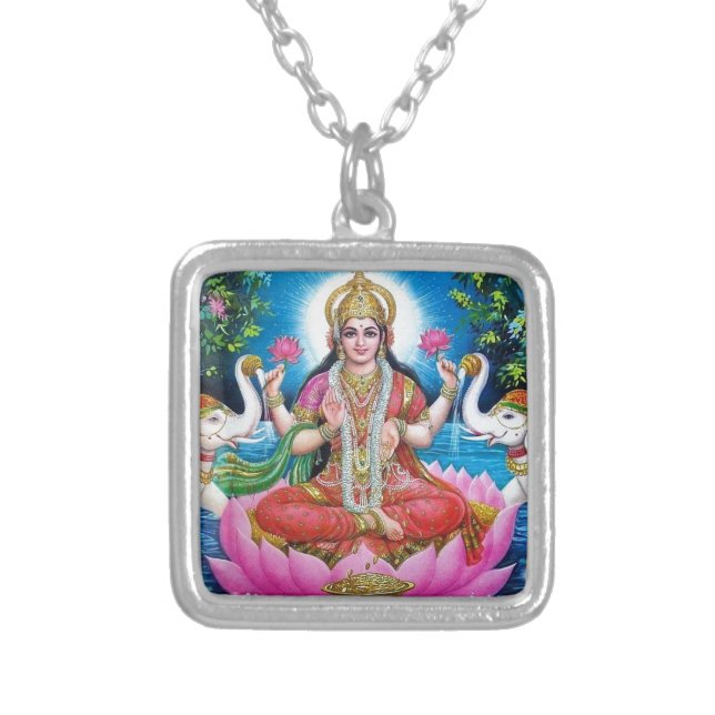 Lakshmi Goddess of Love, Prosperity, and Wealth Silver Plated Necklace (Front)