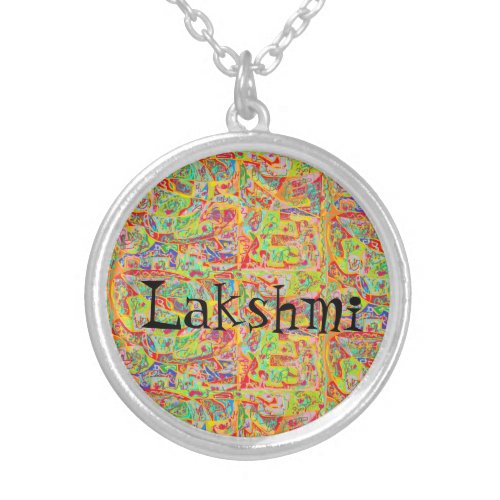 Lakshmi on abstract art background silver plated necklace