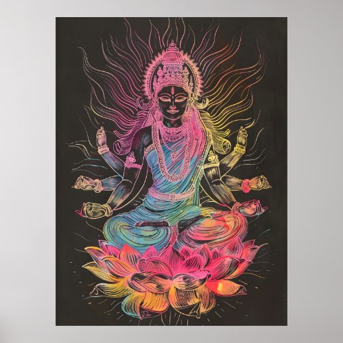 Lakshmi sitting on Lotus Flower Rainbow Matte Poster