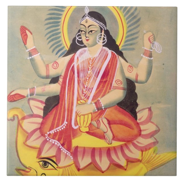 Laksmi sitting on a throne of lotus leaves, c.1890 ceramic tile (Front)