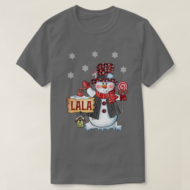 Lala Snowman Christmas Candy Cane Red Plaid Santa  T-Shirt (Design Front)