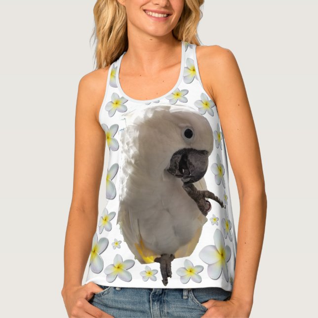 Lala the Cockatoo Foot Up With Plumeria Tank Top (Front)
