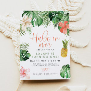 LALANI Beach Pink Hibiscus Luau Hula 1st Birthday Invitation
