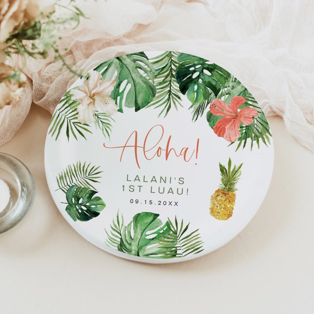 LALANI Tropical Pink Hibiscus Luau 1st Birthday Paper Plates (Creator Uploaded)
