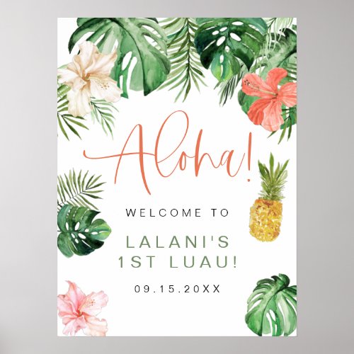 LALANI Tropical Pink Hibiscus Luau 1st Birthday Poster