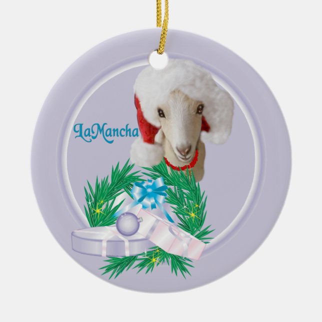 LaMancha Goat in Santa Hat  Wreath Holiday Ornamen Ceramic Ornament (Front)