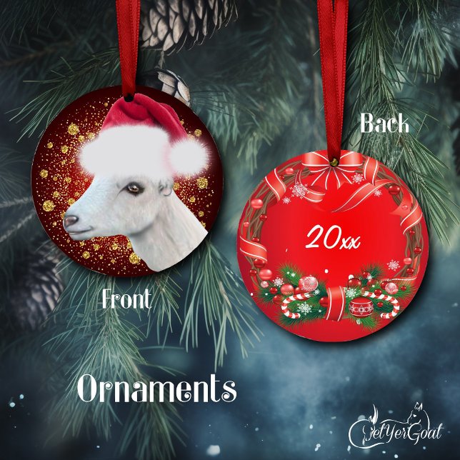 LaMancha Goat Santa Hat Christmas Ornament (Oil portrait of a pretty LaMancha dairy goat , Santa hat , gold snowflakes,  dated #zazzlemade )