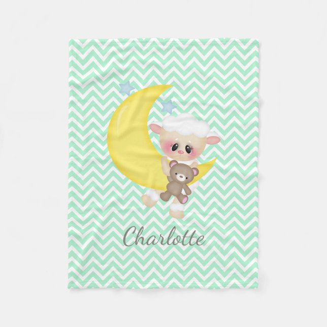 Lamb and Crescent Moon Nursery Fleece Blanket (Front)