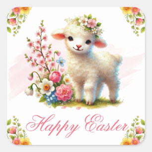 Lamb and Spring Flowers Happy Easter Square Sticker