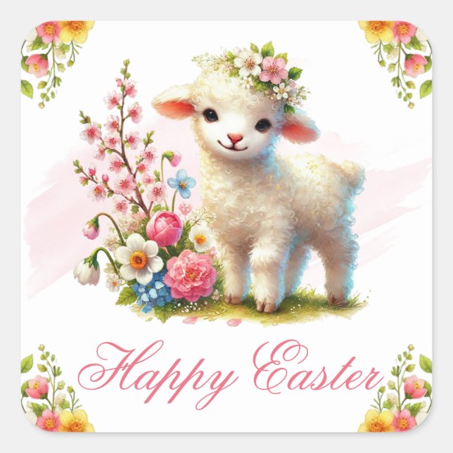 Lamb and Spring Flowers Happy Easter Square Sticker (Front)