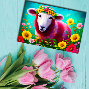 Lamb Animal Cute Bright Flowers Pink Colorful  Postcard