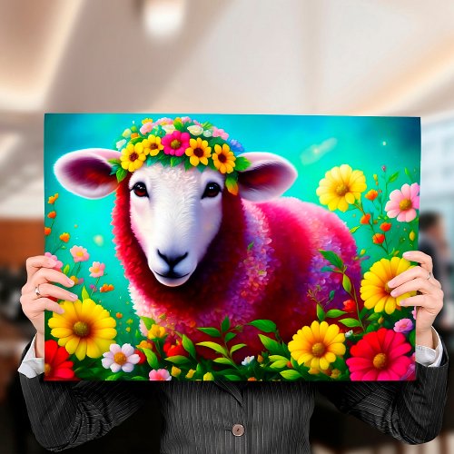 Lamb Animal Cute Bright Flowers Pink Colorful Poster