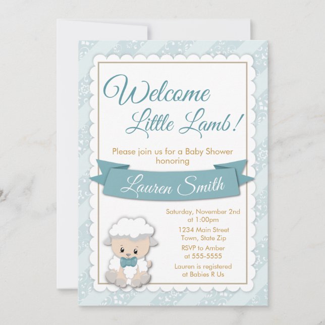 Lamb Baby Shower Invitation Blue Baby Boy Lamb (Front)