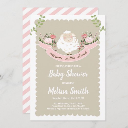 Lamb Baby Shower Invitation Girl Pink Spring