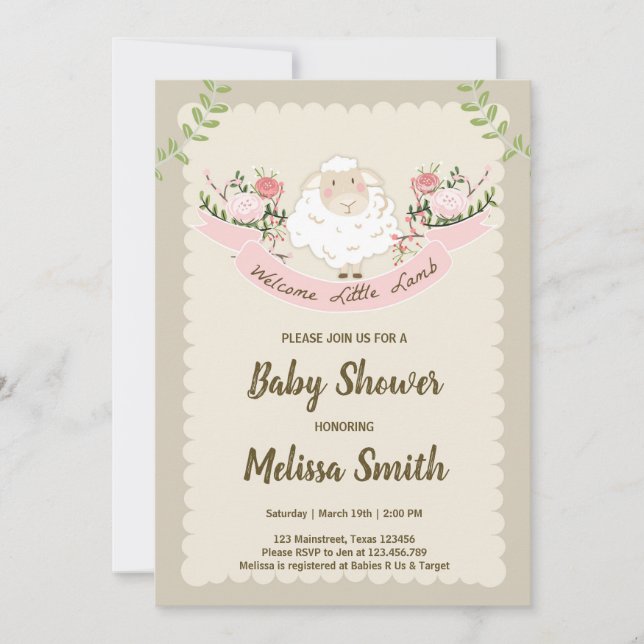 Lamb Baby Shower Invitation Girl Pink Spring (Front)
