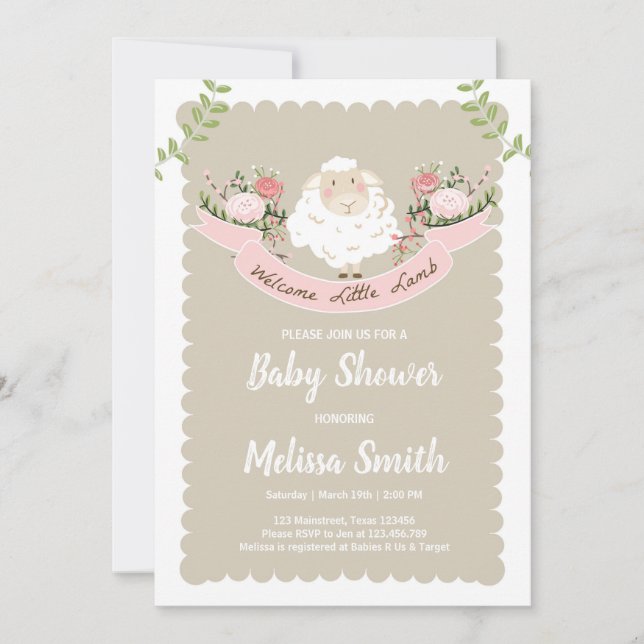 Lamb Baby Shower Invitation Girl Pink Spring (Front)