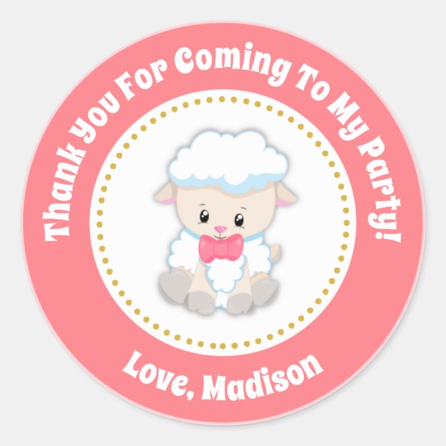 Lamb Birthday Party Favor Stickers Pink Girl (Front)
