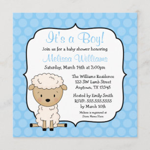 Lamb Blue Dots Boy Baby Shower Invitations