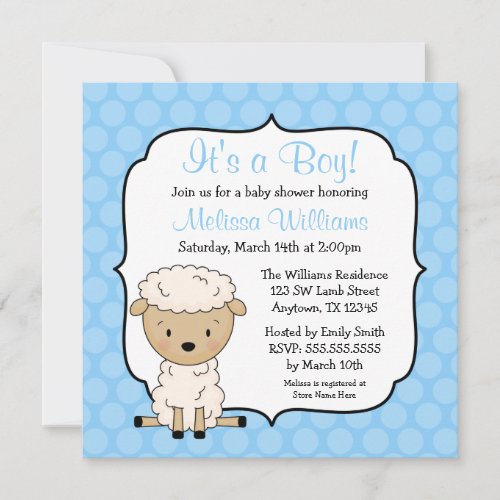 Lamb Blue Dots Boy Baby Shower Invitations