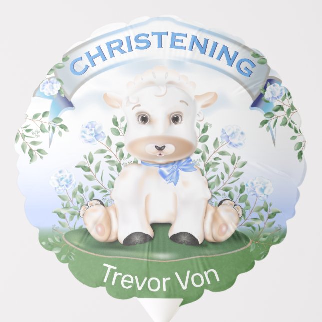 Lamb Blue Floral Baby Christening Balloon (Front)
